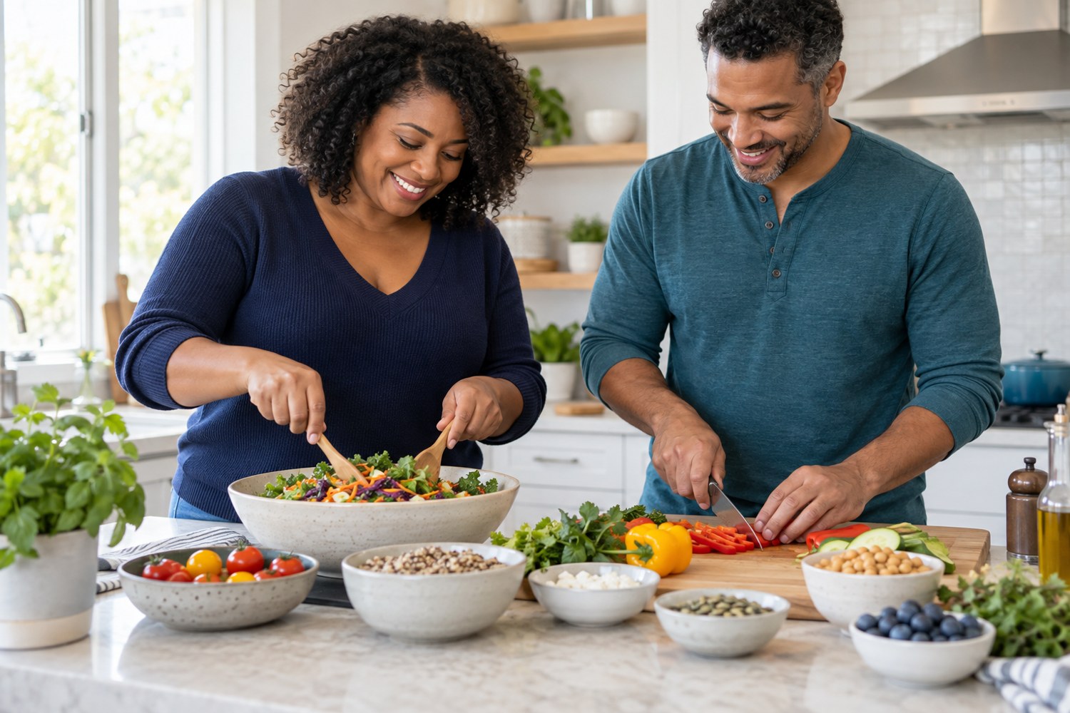 A couple preparing a balanced meal together