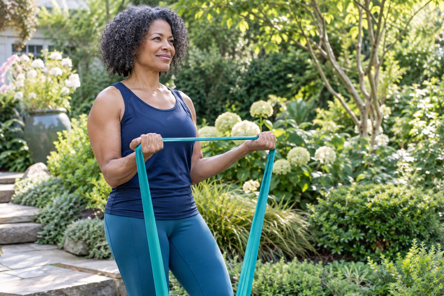 A woman exercising with a resistance band outdoors