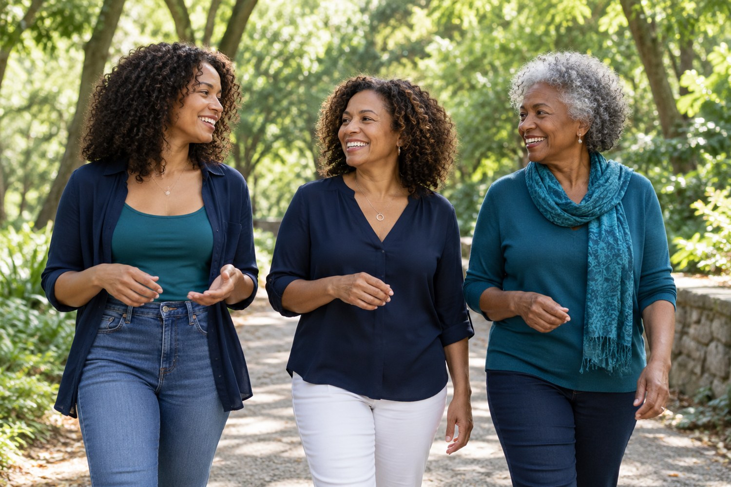 Women from different generations sharing a walk outdoors